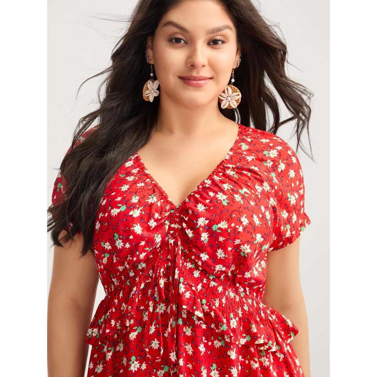 Plus Size Romantic Floral Cinched-Waist Midi Dress Raspberry Women V-neck Short sleeve Curvy BloomChic 12/L Product Image