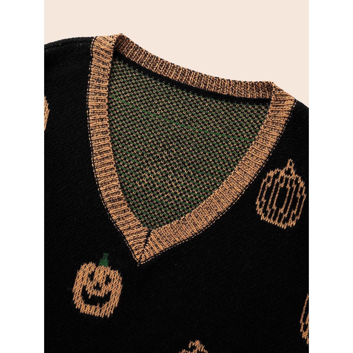 Plus Size Pumpkin Patch Contrasting Color Hemline Pullover Black Women Casual Loose Long Sleeve V-neck Everyday Pullovers BloomChic 12/L Product Image