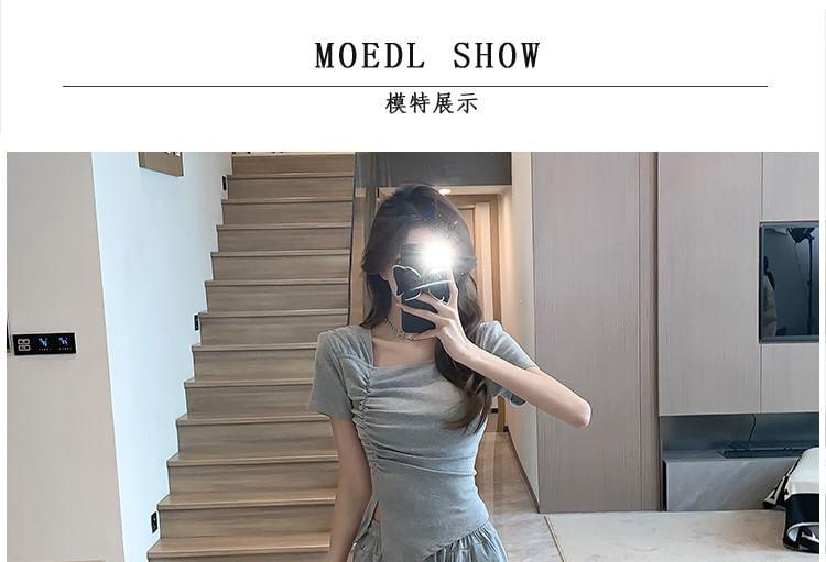 Set: Short-Sleeve Asymmetrical Neck Ruched Slit Slim Fit T-Shirt + Drawstring Waist Loose Fit Sweatpants Product Image