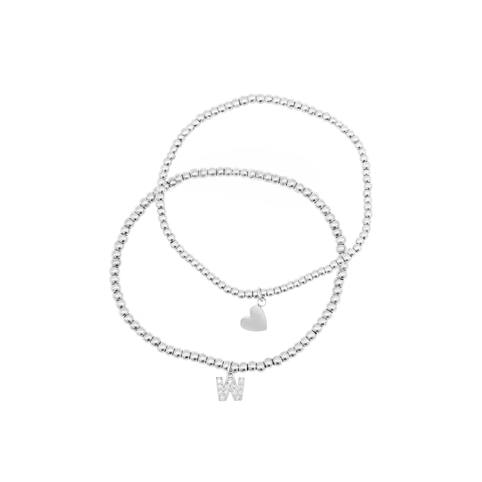 Adornia Silver Tone Mini Cubic Zirconia Initial Stretch Bracelet Set, Womens Silver Tone W Product Image
