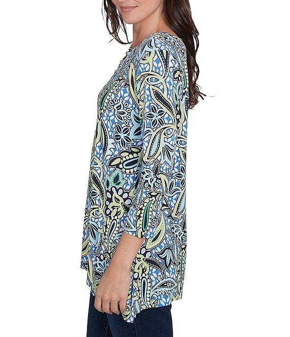 Ruby Rd. Petite Size Balinese Ikat Print Knit Crew Neck Lace Up Front Placket 3/4 Sleeve Top Product Image