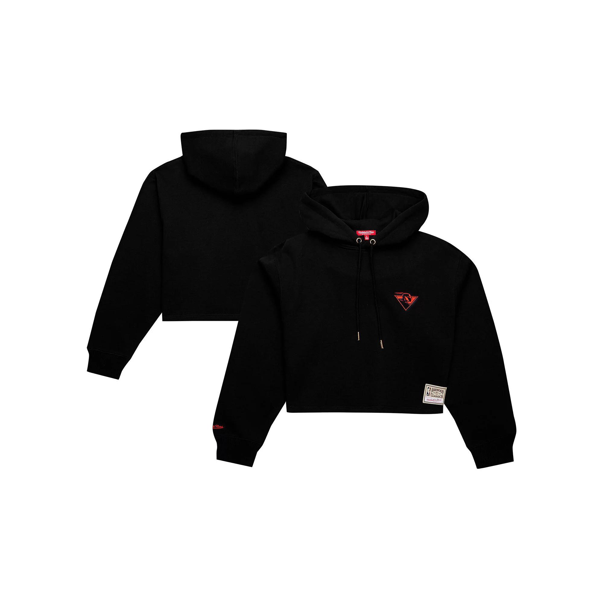 Women's Mitchell & Ness Black Golden State Warriors Hardwood Classics Cropped Pullover Hoodie, Size: Medium Product Image