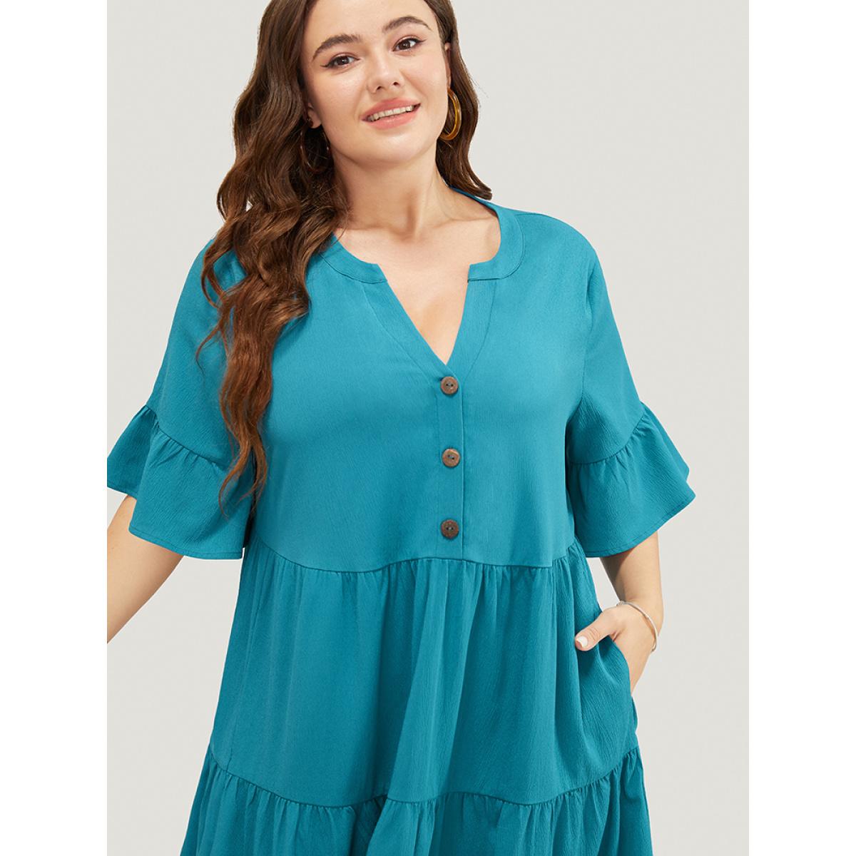 Plus Size Solid Button Detail Pocket Ruffle Tiered Bell Sleeve Midi Dress Cerulean Women Vacation Stand-up collar Half Sleeve Curvy Knee Dress BloomChic 30/6X Product Image