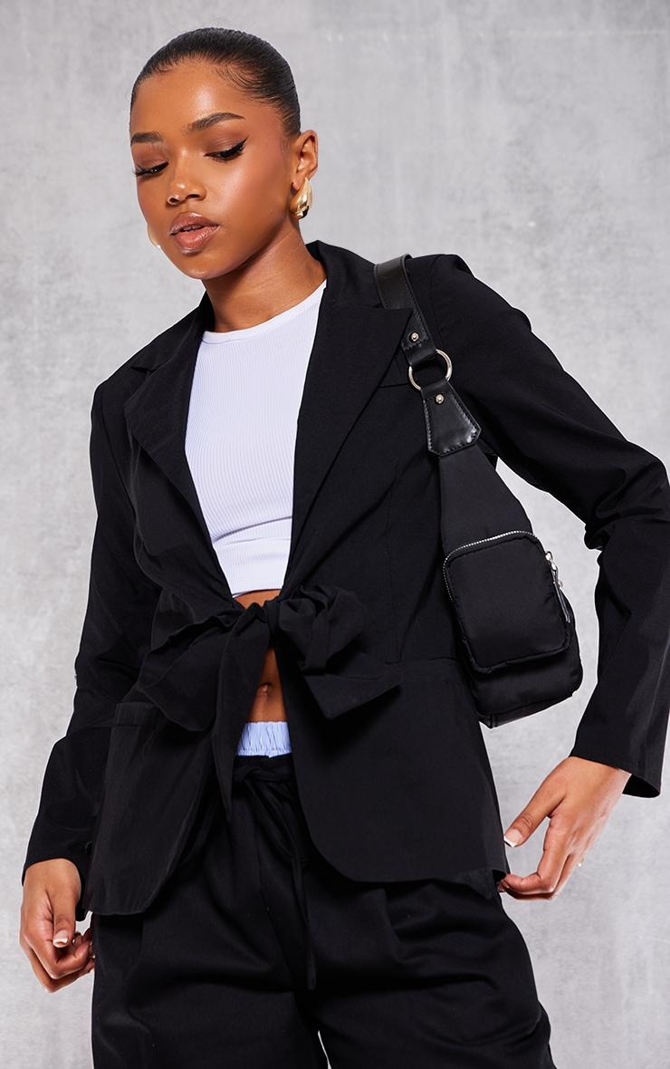 Black Tie Front Bow Textured Blazer Product Image