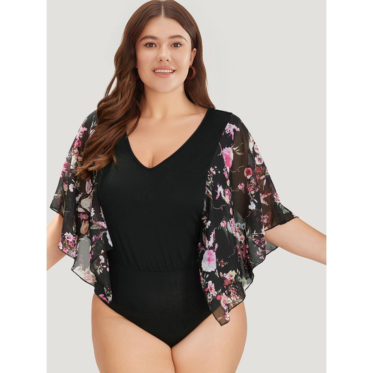Plus Size Floral Print Patchwork Mesh Asymmetrical Sleeve Bodysuit Women Black Ditsy Floral Printed Bodysuits BloomChic 30/6X Product Image