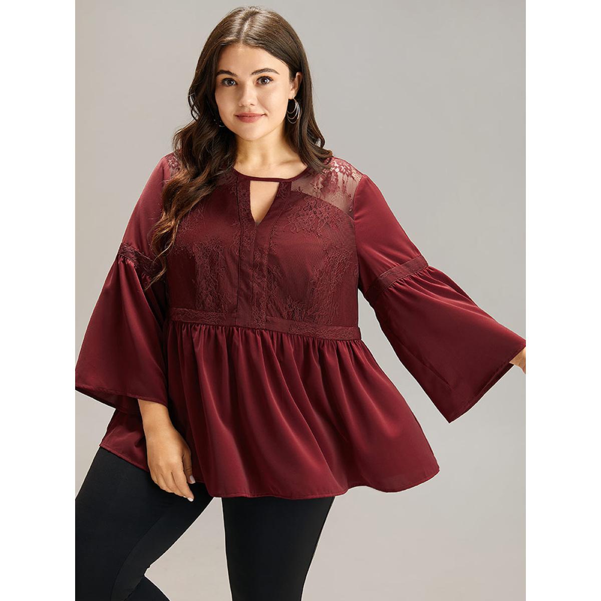 Plus Size Burgundy Anti-Wrinkle Keyhole Crochet Lace Mesh Ruffles Blouse Women Elegant Long Sleeve Keyhole Cut-Out Dailywear Blouses BloomChic 18-20/2X Product Image