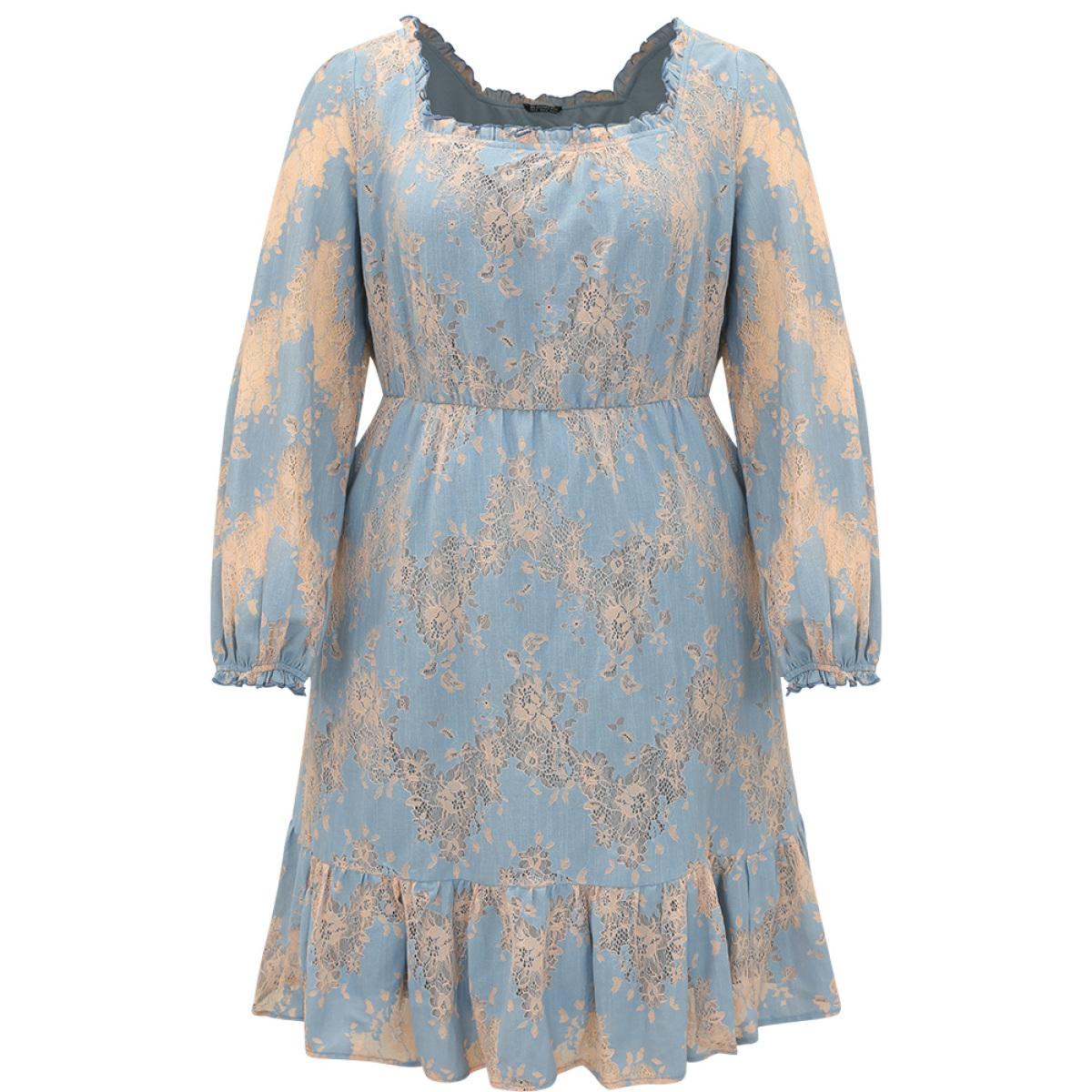 Plus Size Contrast Lace Panel Frill Trim Lantern Sleeve Dress Aegean Women Vacation Elastic cuffs Square Neck Long Sleeve Curvy Midi Dress BloomChic 12/L Product Image