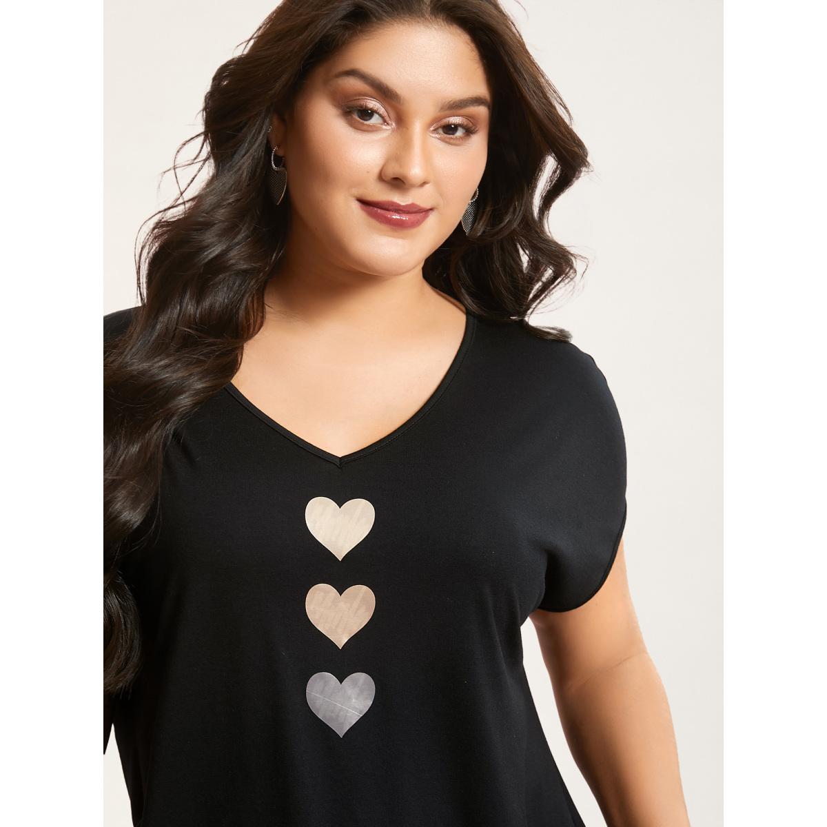 Plus Size Heart Print Stretchy Dolman Sleeve T-Shirt Black Women Leisure Non V-neck Casual T-shirts BloomChic 14-16/1X Product Image