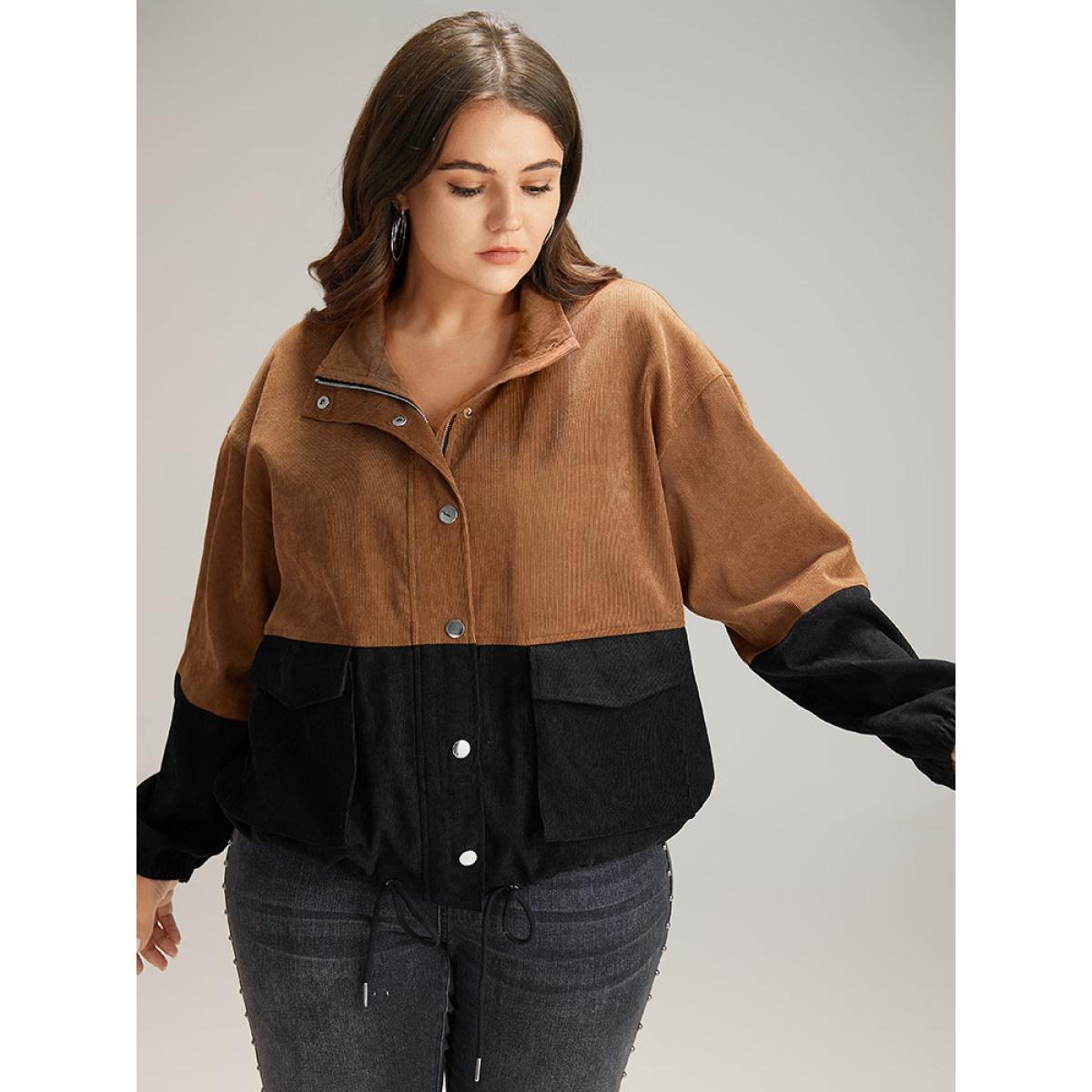 Plus Size Two Tone Zipper Pocket Button Up Jacket Women Black Elastic cuffs Pocket Dailywear Jackets BloomChic 28/5X Product Image