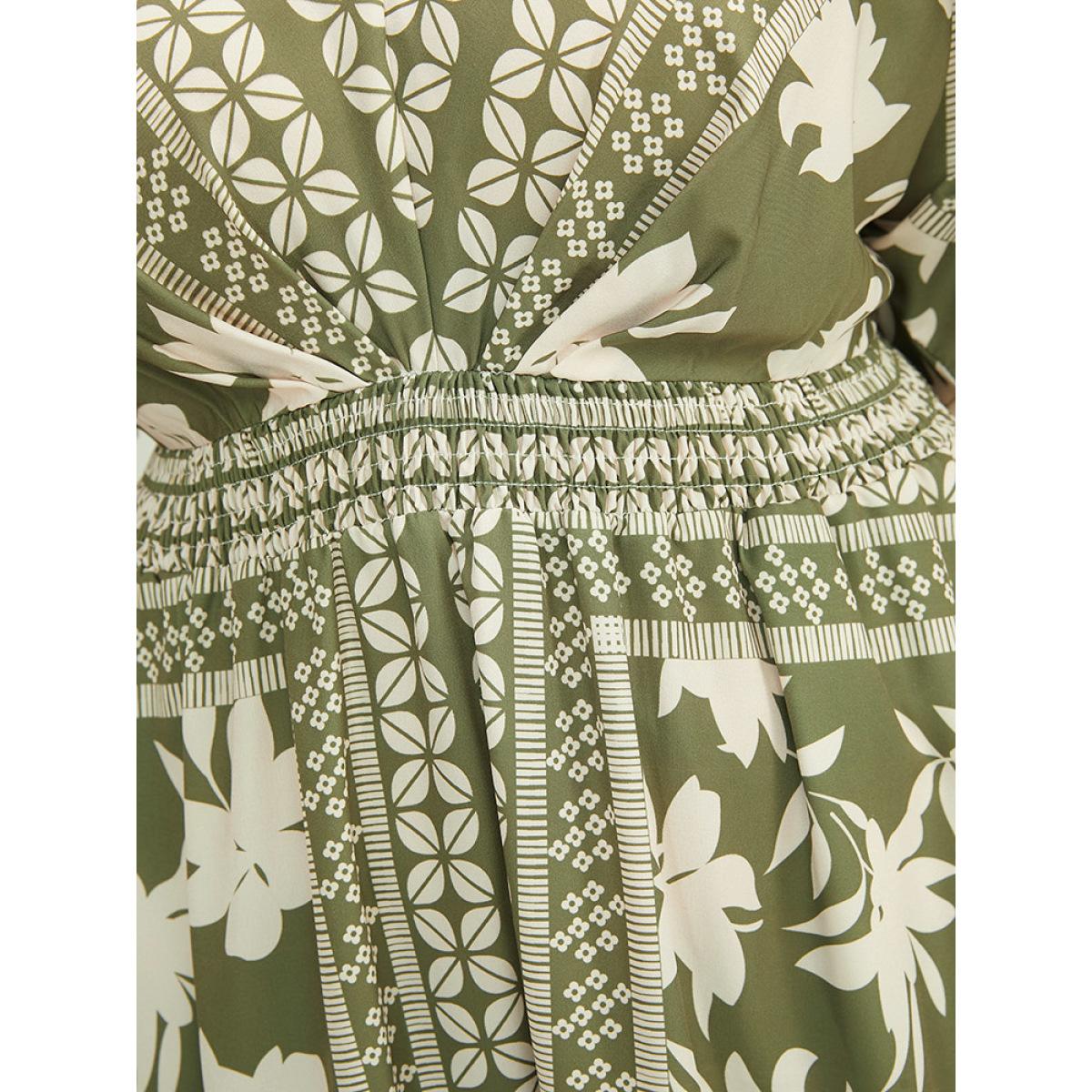 Plus Size Floral Print Ruffles V Neck Shirred Pocket Split Hem Dress Mint Women Vacation Pocket V-neck Short sleeve Curvy Midi Dress BloomChic 18-20/2X Product Image