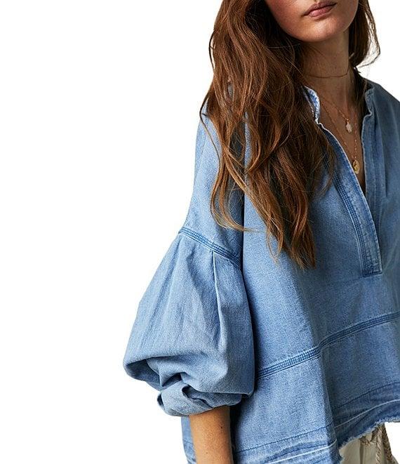 Free People Jude Denim V-Neck Long Puff Sleeve Pullover Product Image