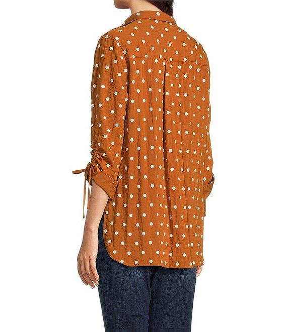 John Mark Embroidered Polka Dot Cinch Tie Sleeve Button Front Tunic Product Image