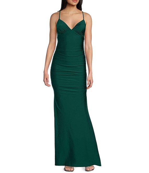 Midnight Doll Satin Rhinestone Strap Detail Lace-Up Back Long Dress Product Image