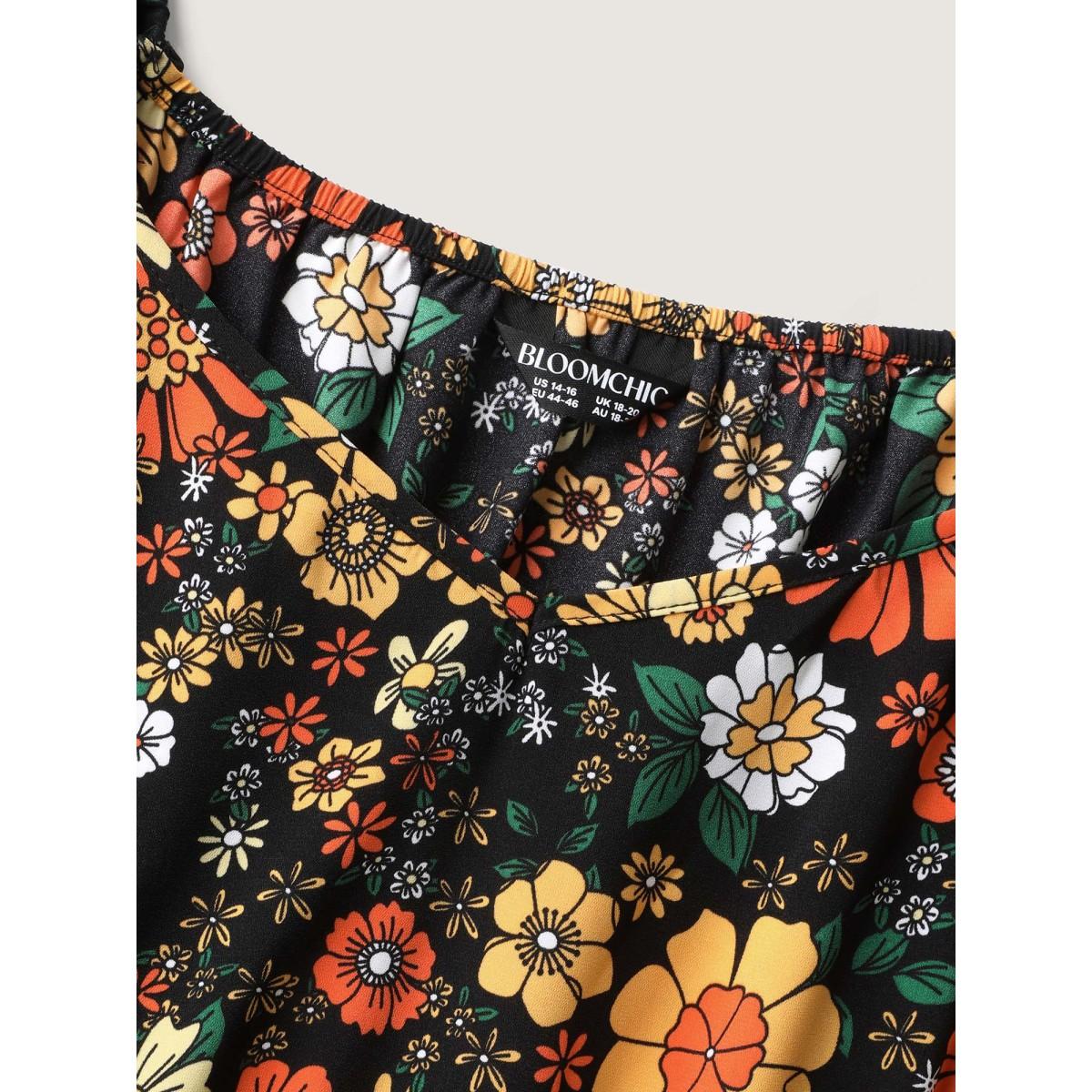 Plus Size Bright Floral Print Sweetheart Neckline Midi Dress Black Women Romantic Non V-neck Half Sleeve Curvy BloomChic 12/L Product Image