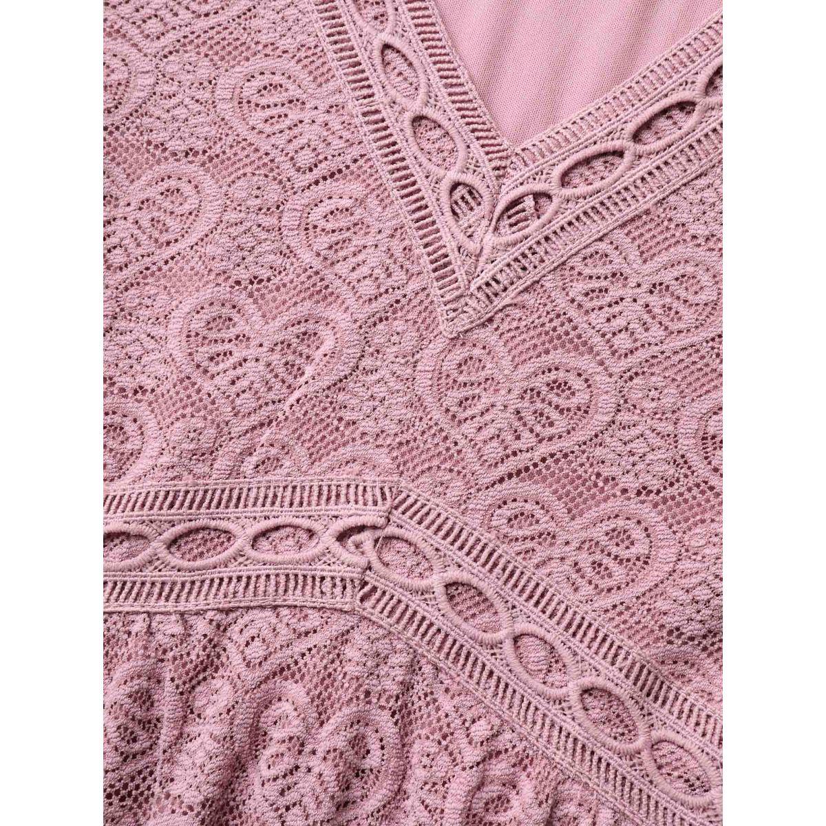 Plus Size Lace Elegance Ruffled Stretchy-Waist Midi Dress Rouge Women V-neck Cap Sleeve Curvy BloomChic 28/5X Product Image