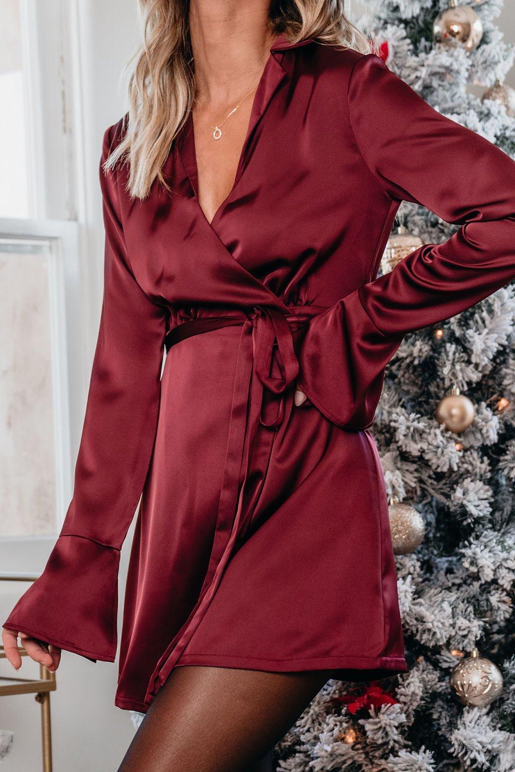 Burgundy Wrap Satin Mini Dress-FINAL SALE Product Image