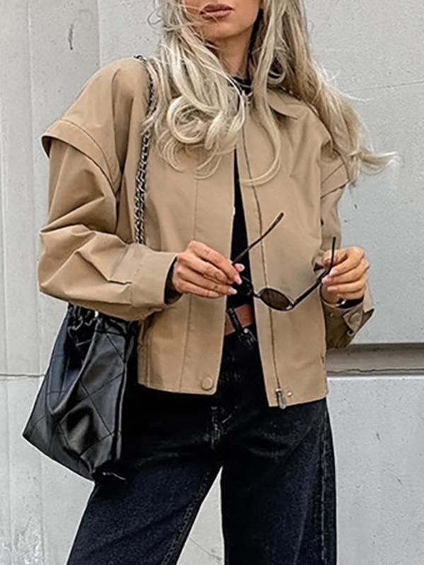 Long Sleeves Loose Buttoned Elasticity Solid Color Zipper Lapel Jackets Outerwear Product Image