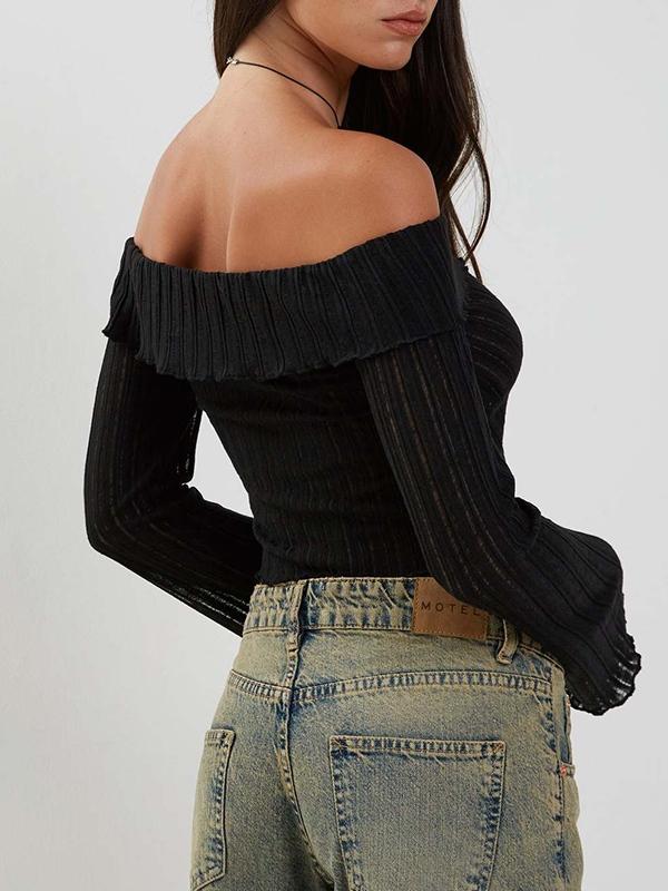 Solid Color Off Shoulder Front Slit Long Sleeve Knit Product Image