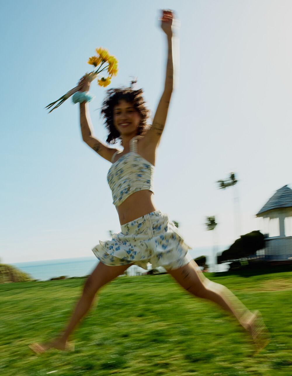 FULL TILT Cinch Ruffle Lace Trim Womens Mini Skirt - BLUE COMBO Product Image