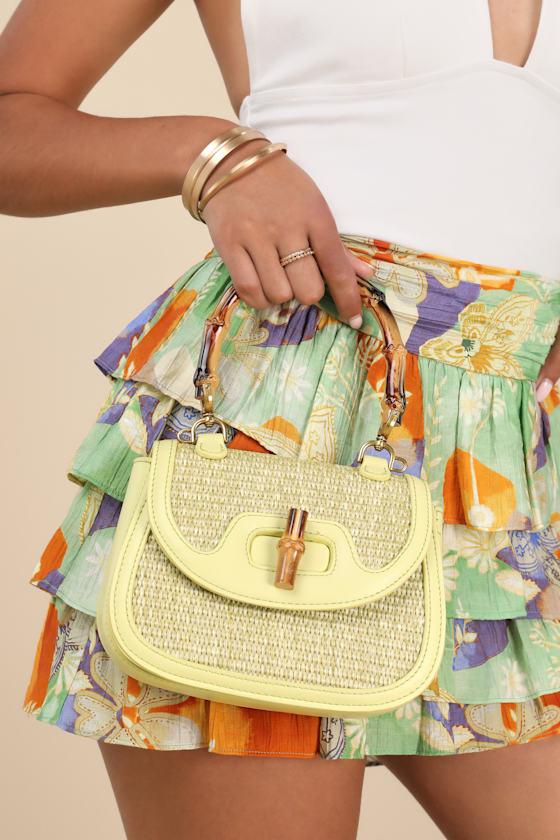 Alhena Lime Green Raffia Bamboo Handle Bag Product Image