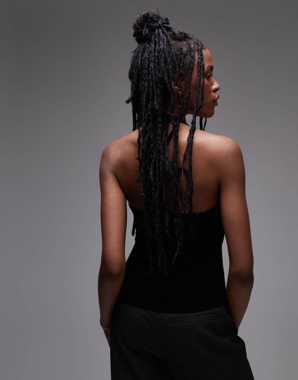 Topshop ribbed halter top in black Product Image