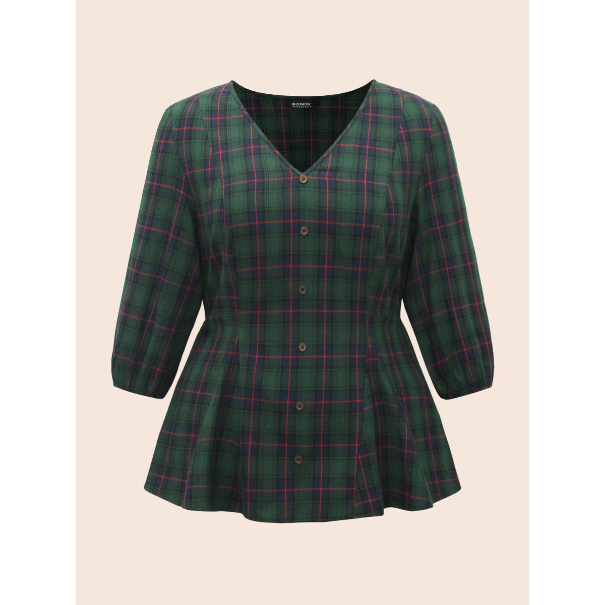 Plus Size DarkGreen Plaid Button Detail Lantern Sleeve Blouse Women Elegant Elbow-length sleeve V-neck Everyday Blouses BloomChic 28/5X Product Image