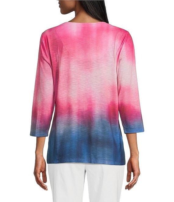 Allison Daley Ombre Beauty Print 3/4 Sleeve V-Neck Slub Jersey Knit Top Product Image