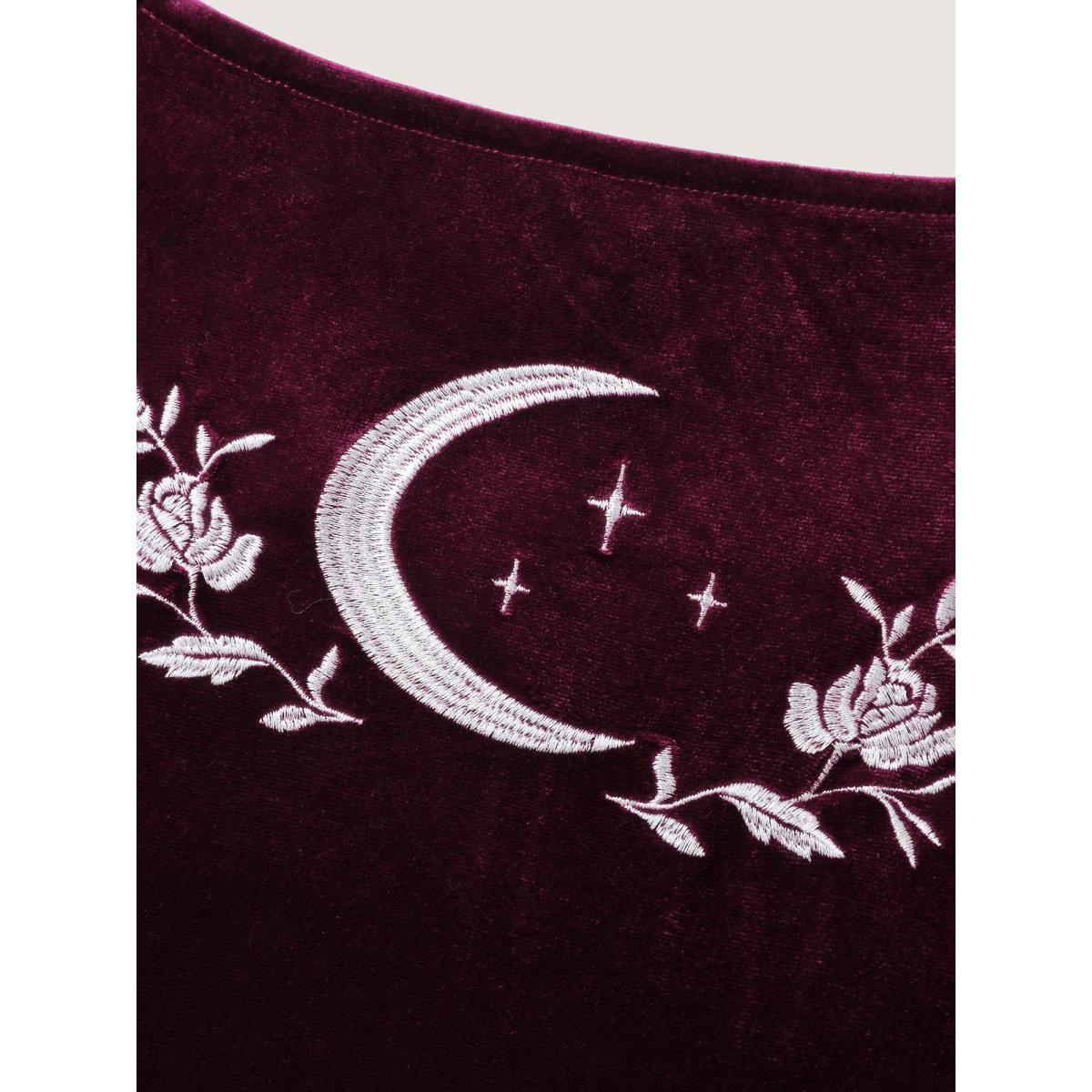 Plus Size Mystical Moon Embroidery Velvet Midi Dress Burgundy Women Timeless Gathered Square Neck Long Sleeve Curvy BloomChic 28/5X Product Image
