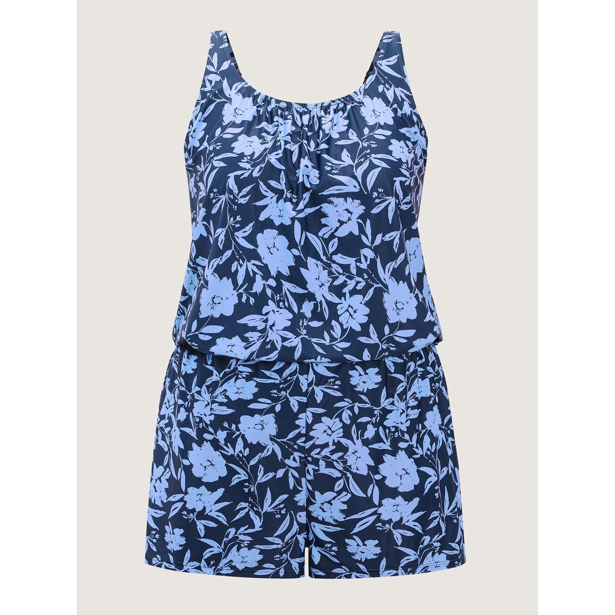 Plus Size Tropical Flower Print Pockets One-Piece Swimsuit Women's Swimwear Cerulean Resort Gathered Curve Bathing Suits High stretch One Pieces BloomChic 22-24/3X Product Image