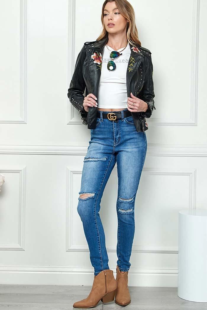 Floral Embroidery Leather Jacket Product Image