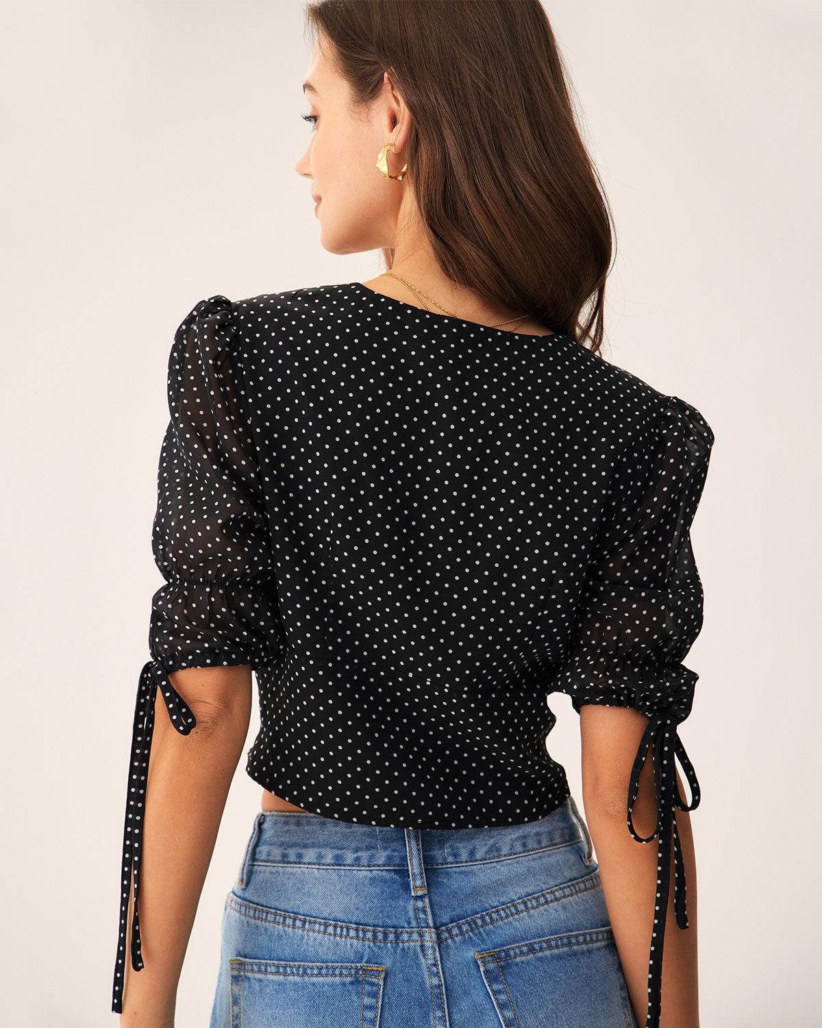 Black V-Neck Polka Dot Blouse Product Image