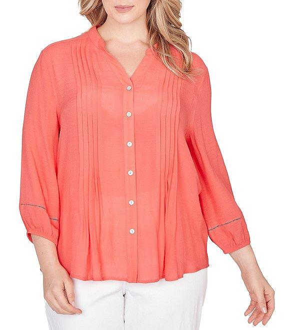 Ruby Rd. Plus Size Silky Slub Woven Split V-Neck 3/4 Sleeve Button Front Top Product Image