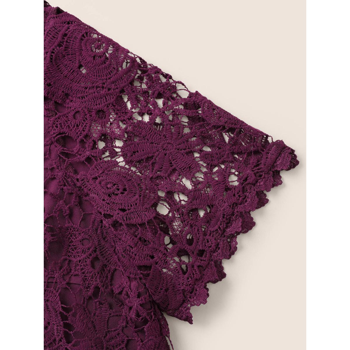 Plus Size Purple Lace Panel Patchwork Cut Out Blouse Women Elegant Half Sleeve Round Neck Everyday Blouses BloomChic 12/L Product Image