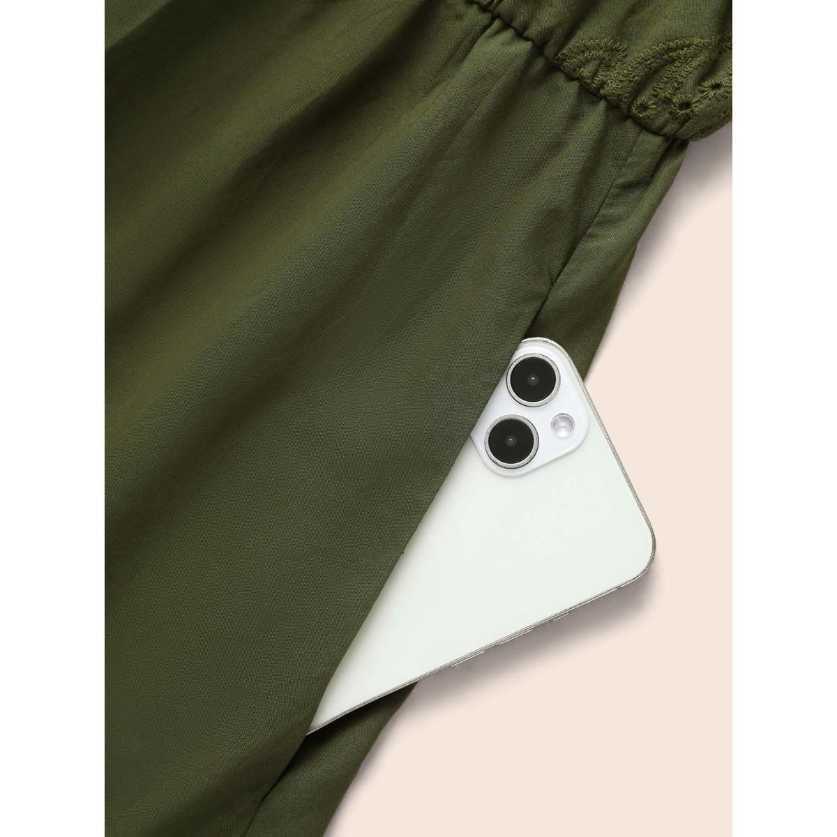 Plus Size Notched Broderie Anglaise Button Detail Dress ArmyGreen Women Elegant Button Notched collar Long Sleeve Curvy BloomChic 18-20/2X Product Image