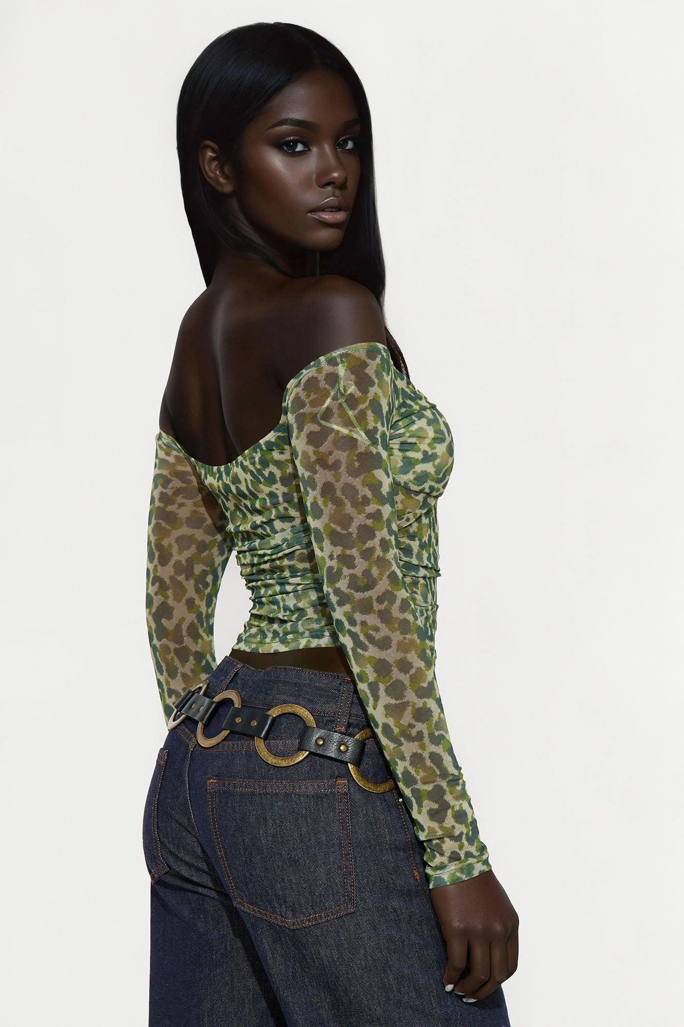 Ida Off Shoulder Mesh Top - Green/combo Female Product Image