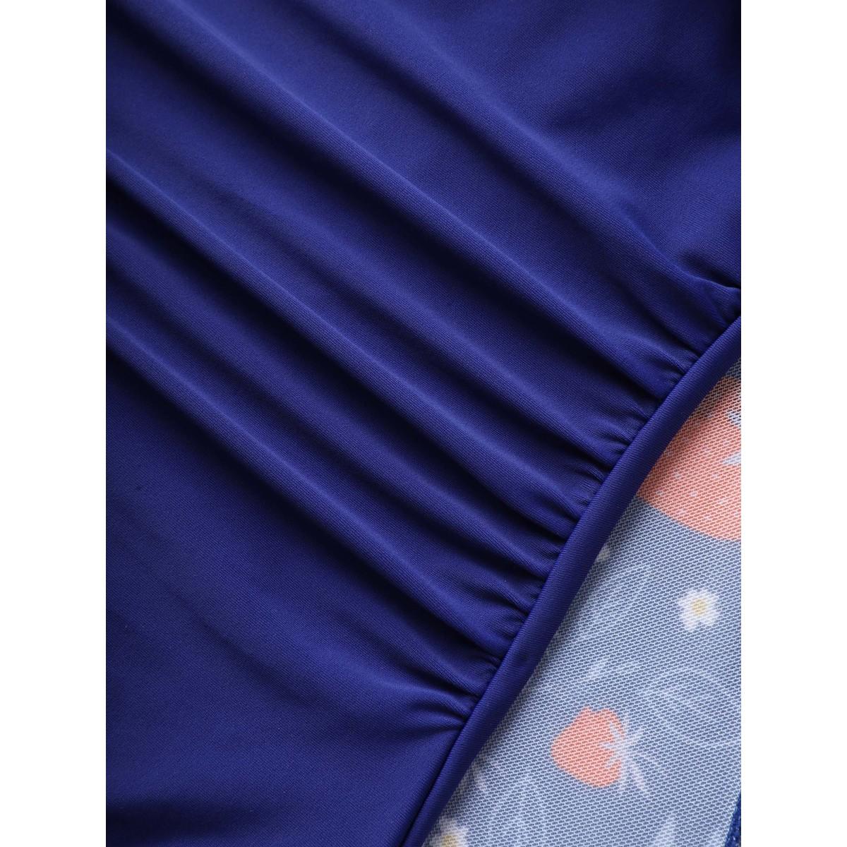 Plus Size Floral Print Mesh Very Stretchy Swim Dress Women's Swimwear Indigo Beach Bodycon Heart neckline High stretch Curve Swim Dresses BloomChic 26/4X Product Image