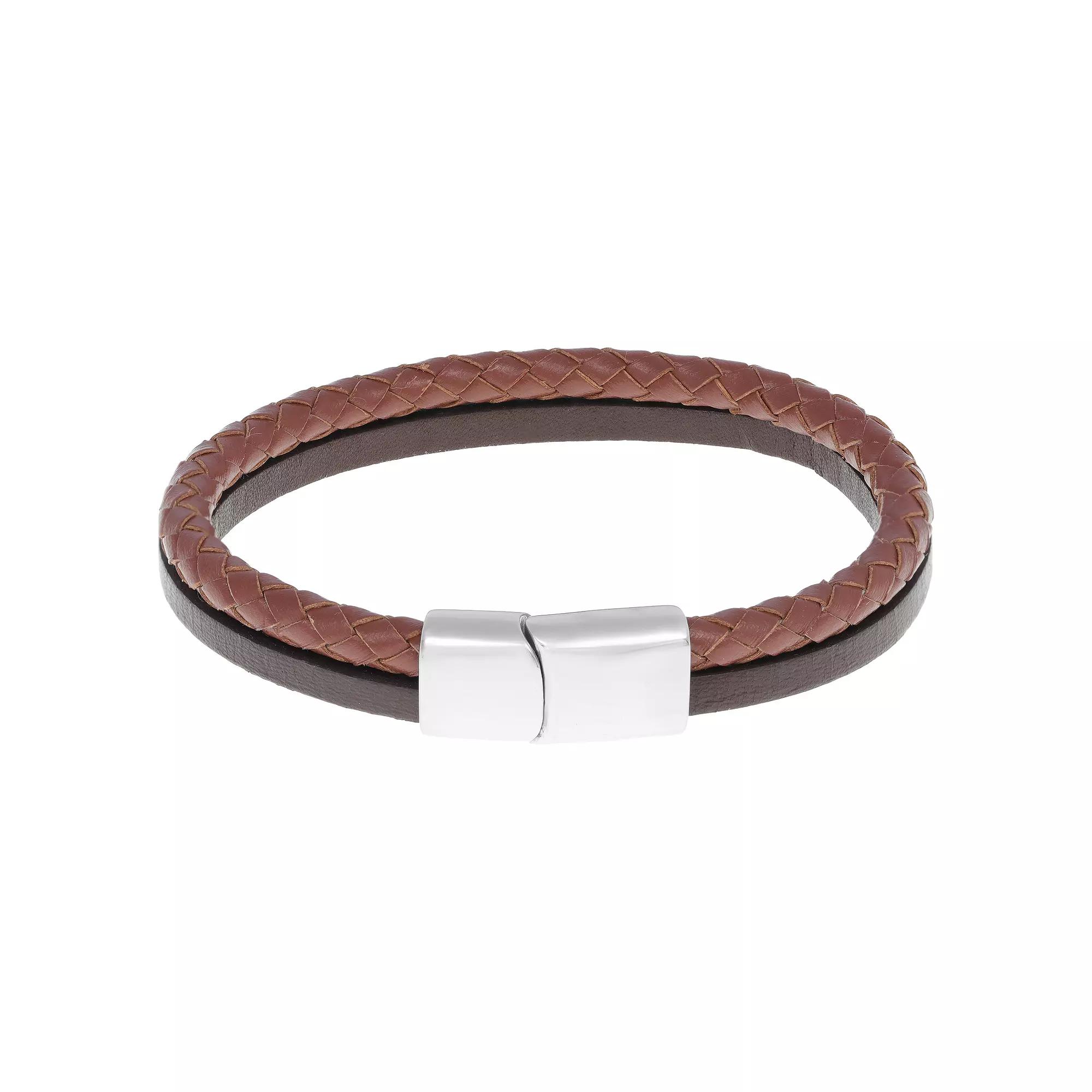 Men's LYNX Stainless Steel & Two-Tone Leather Bracelet, Size: 8.5" Product Image