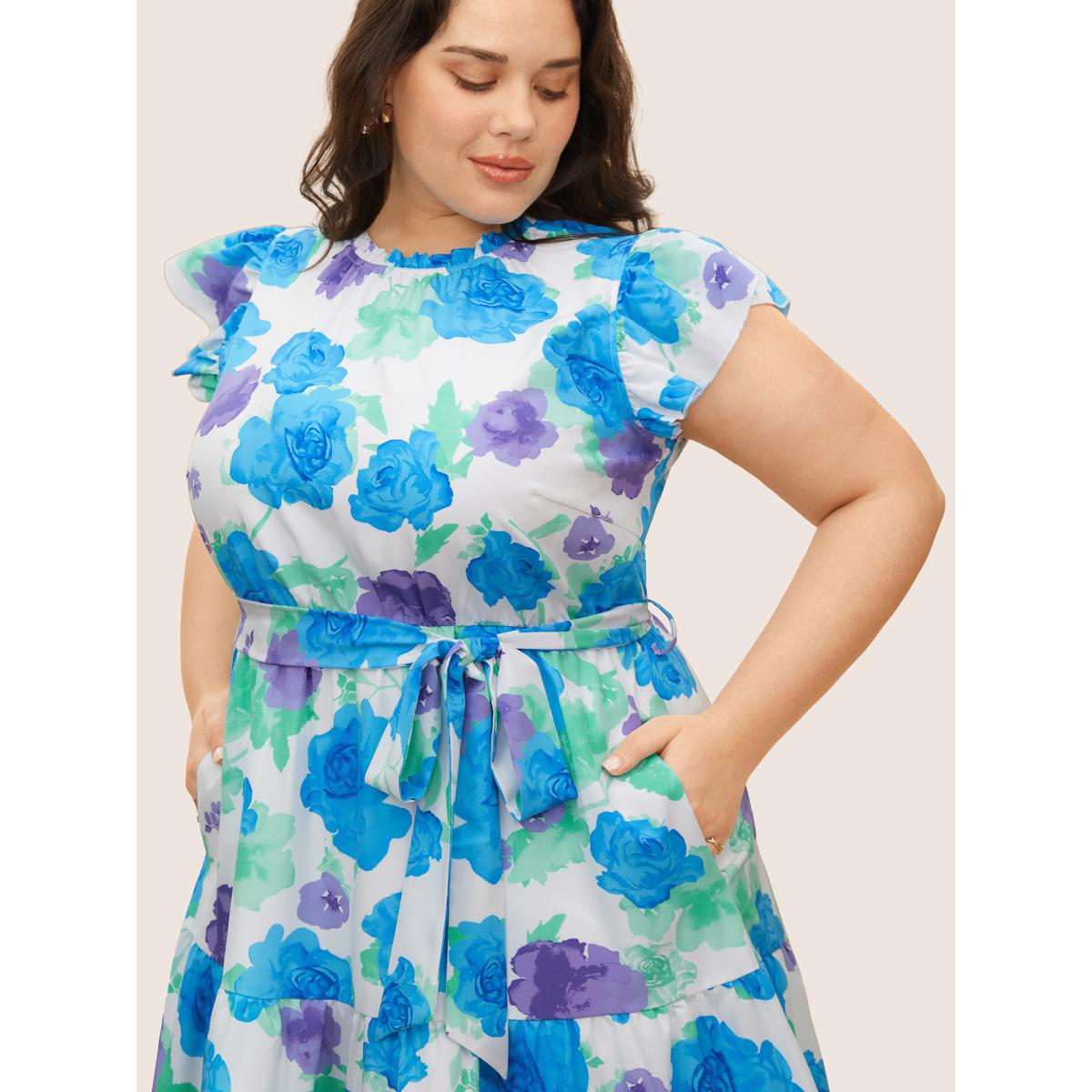 Plus Size Floral Gathered Ruffle Cap Sleeve Belted Dress White Women Elegant Belted Round Neck Cap Sleeve Curvy BloomChic 18-20/2X Product Image