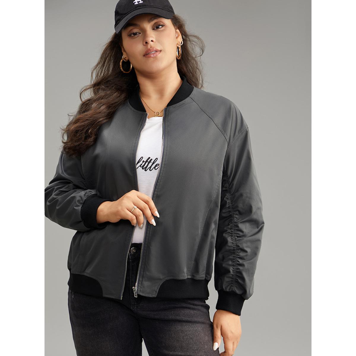 Plus Size Plain Pocket Patchwork Zipper Bomber Jacket Women DimGray Elastic cuffs Pocket Everyday Jackets BloomChic 12/L Product Image