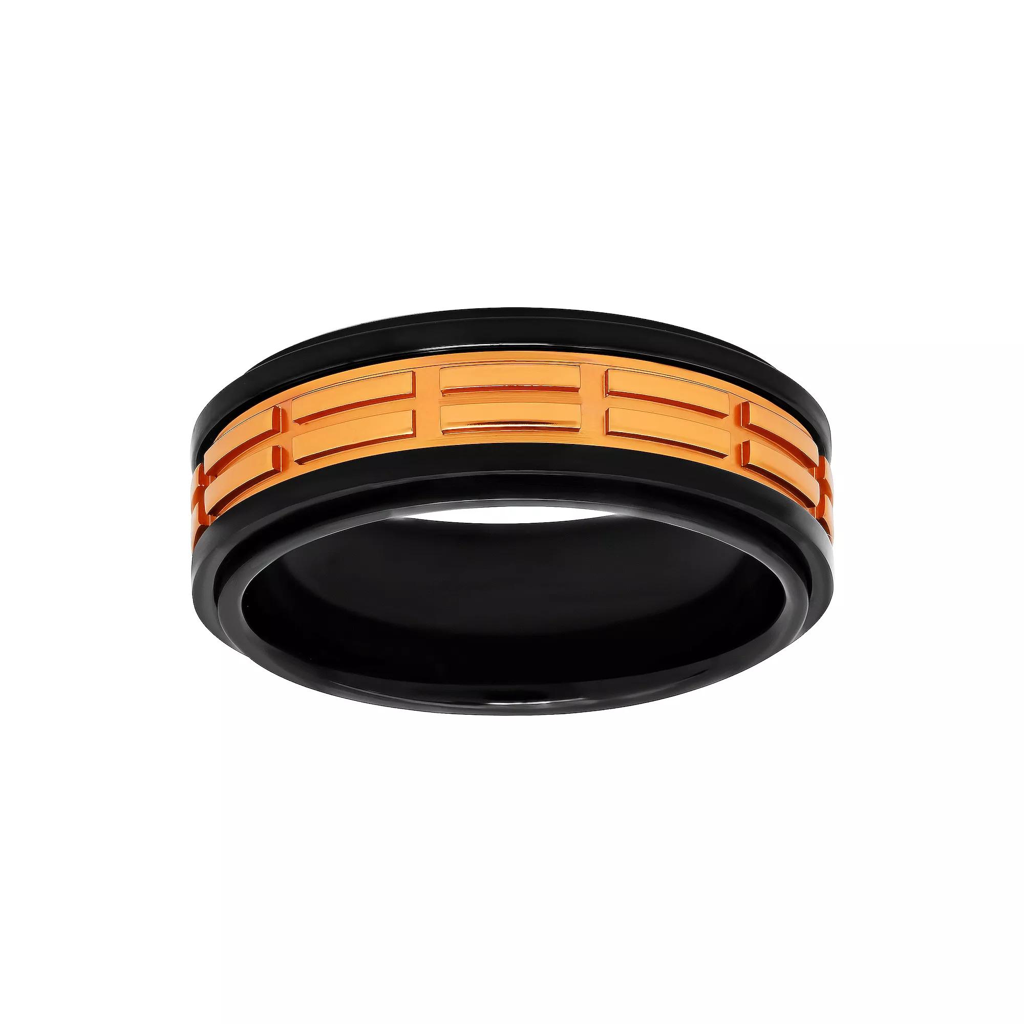 Men's Black & Orange Stainless Steel Treaded Wedding Band, Size: 15, Two Tone Product Image