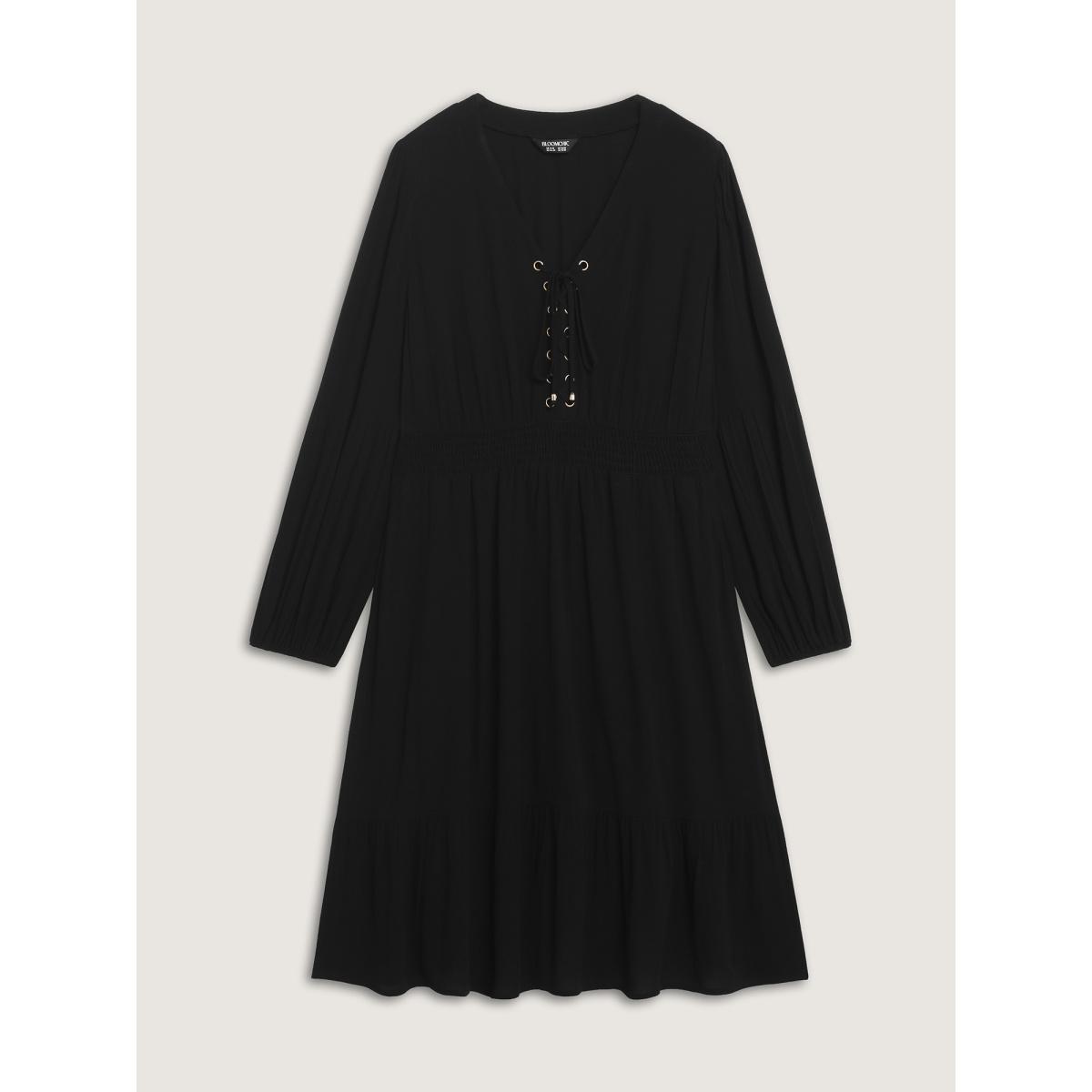 Plus Size Supersoft Drawstring Shirred Waist Midi Dress Black Women Leisure Eyelet V-neck Extra Long Sleeve Curvy BloomChic 22-24/3X Product Image