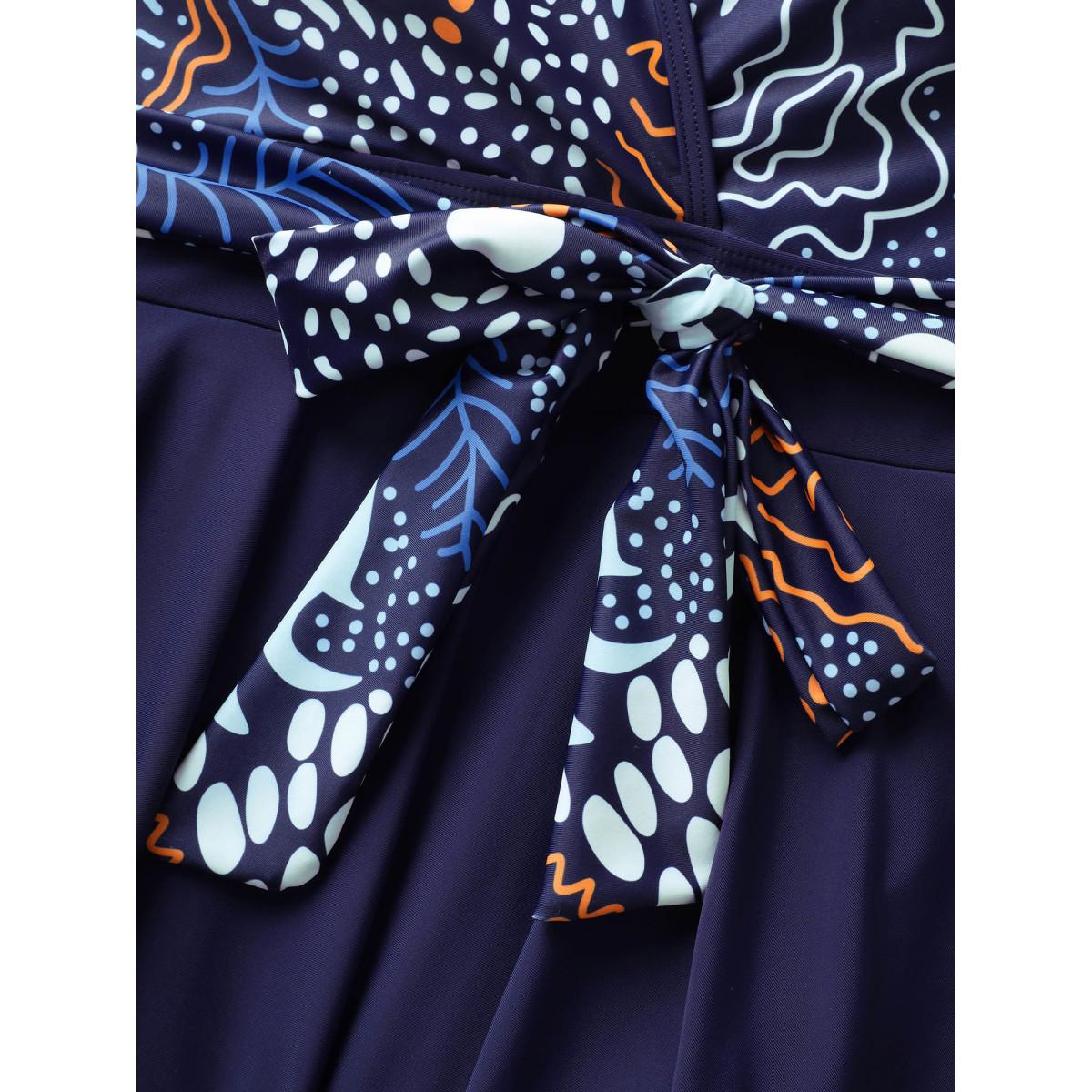 Plus Size Marine Elements Patchwork Tie Knot Swim Dress Women's Swimwear Indigo Beach Bodycon V-neck High stretch Curve Swim Dresses BloomChic 10/M Product Image