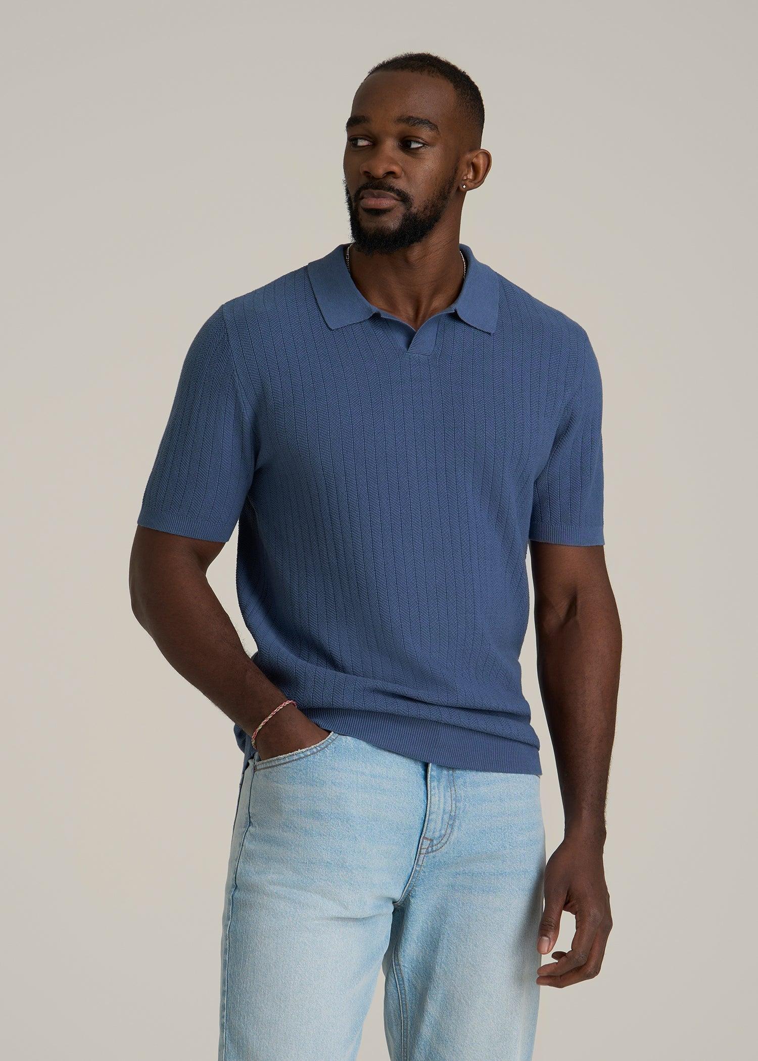 Linen Blend Ribbed Knit Polo Shirt for Tall Men in Steel Blue Male Product Image