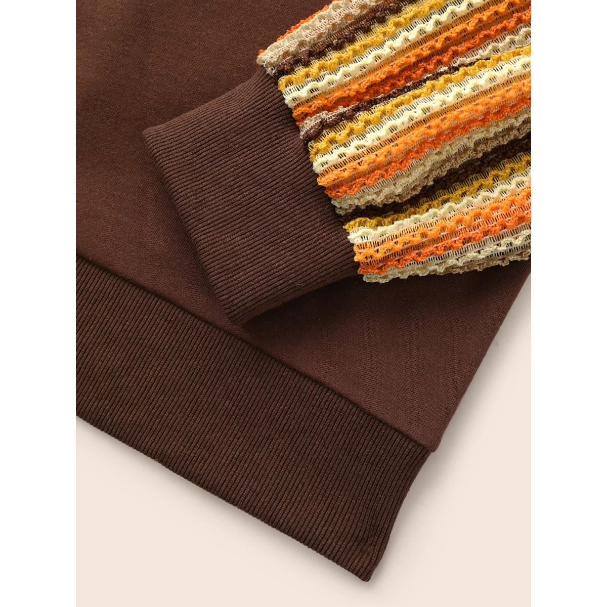 Plus Size Striped Textured Patchwork Raglan Sleeve Sweatshirt Women DarkBrown Casual Texture Round Neck Everyday Sweatshirts BloomChic 14-16/1X Product Image