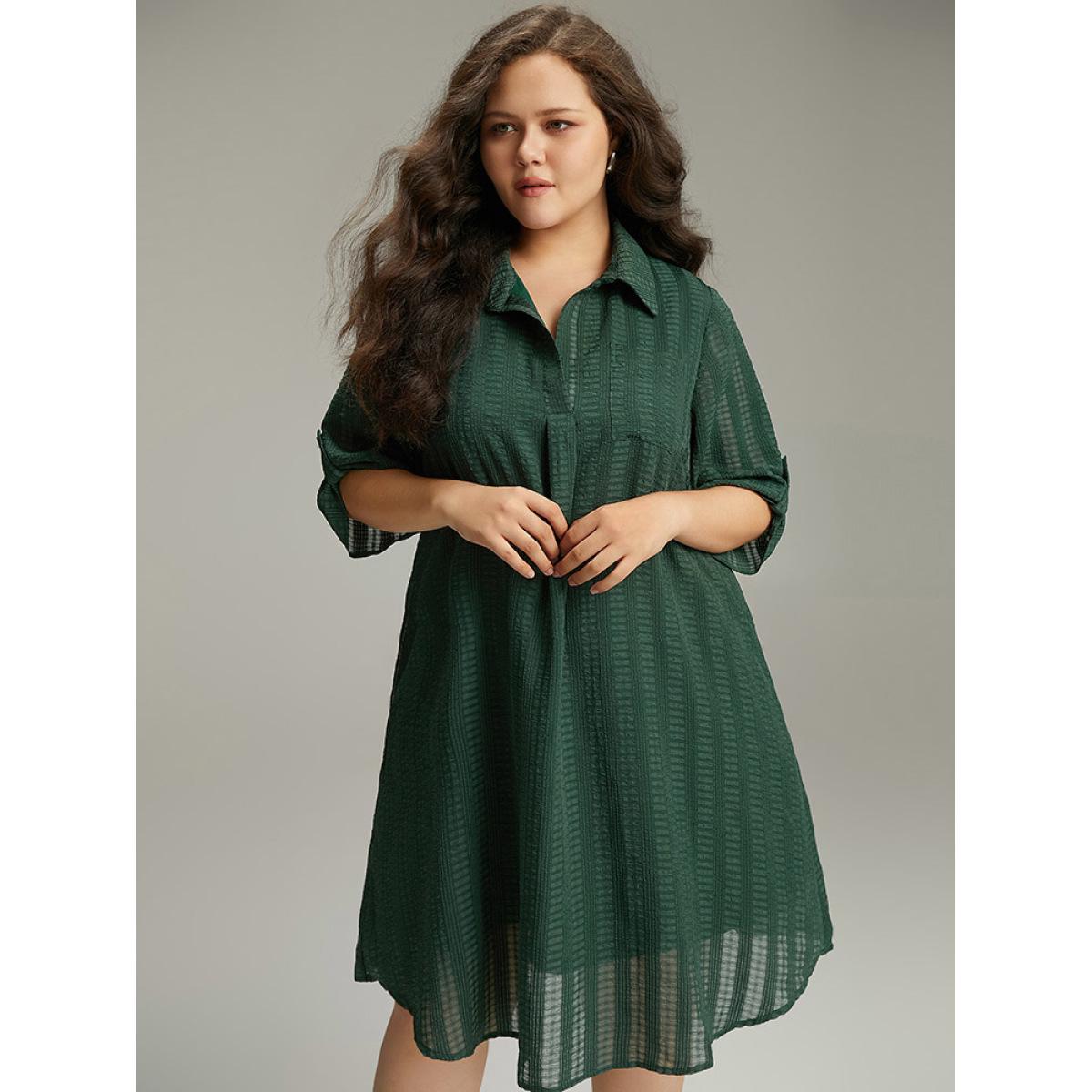 Plus Size Solid Textured Pocket Tab Sleeve Arc Hem Dress Cyan Women Office See through Shirt collar Elbow-length sleeve Curvy Knee Dress BloomChic 18-20/2X Product Image