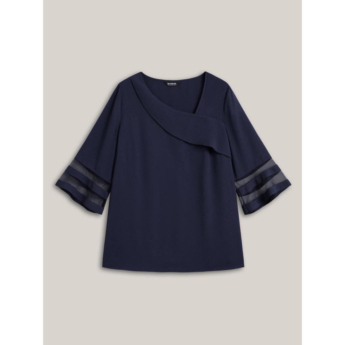 Plus Size Indigo Sheer Sleeve Patchwork Asymmetrical Neckline Blouse Women Office Elbow-length sleeve Asymmetrical Neck Office Blouses BloomChic 30/6X Product Image