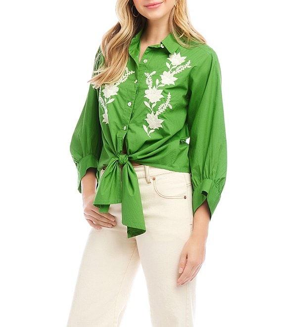 Karen Kane Embroidered Point Collar 3/4 Blouson Sleeve Tie-Front Top Product Image