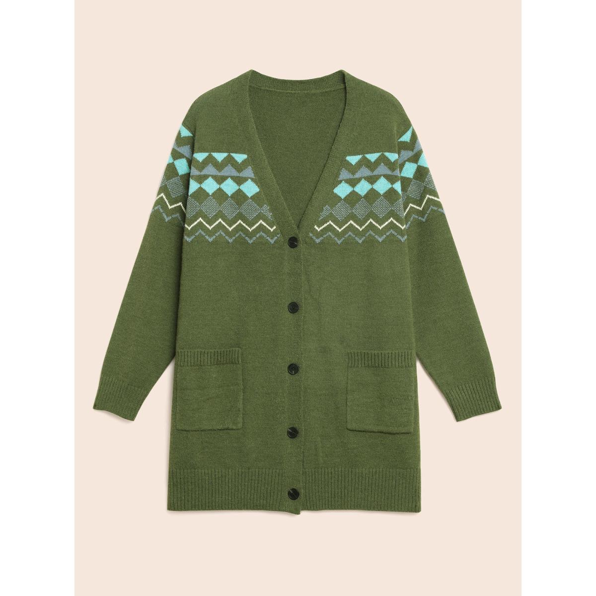 Plus Size Bandana Geometric Patch Pocket Cardigan Moss Women Casual Loose Long Sleeve Everyday Cardigans BloomChic 10/M Product Image