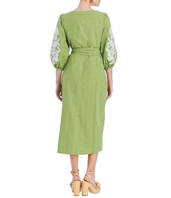 Mestiza New York Suzanna Linen Floral Applique Scoop Neck Elbow Sleeve Midi Dress Product Image