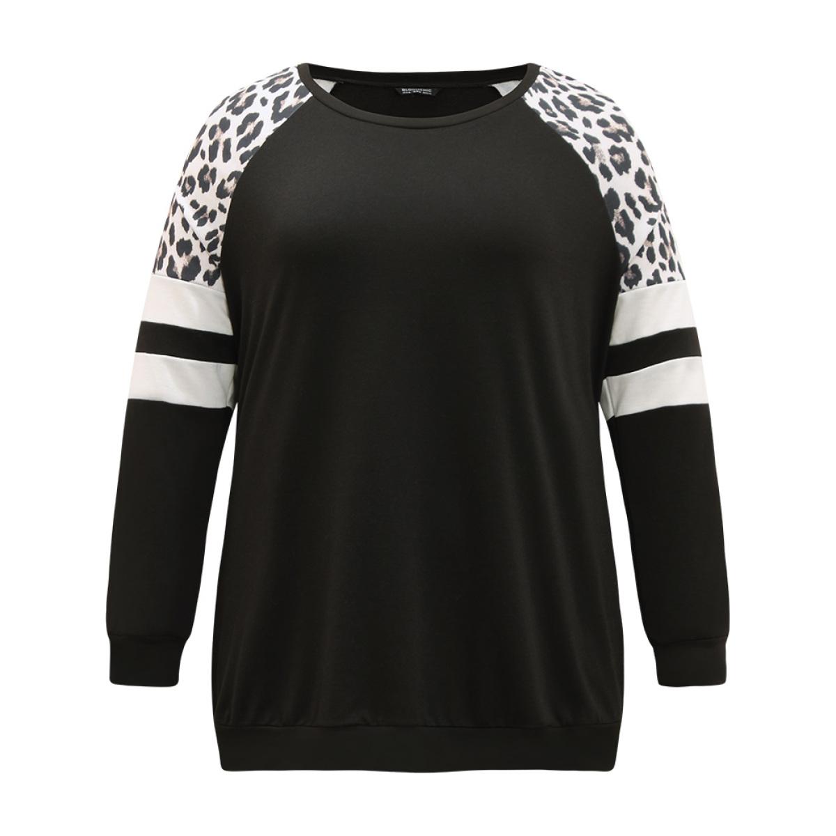 Plus Size Leopard Striped Patchwork Raglan Sleeve Sweatshirt Women Black Casual Contrast Round Neck Dailywear Sweatshirts BloomChic 26/4X Product Image